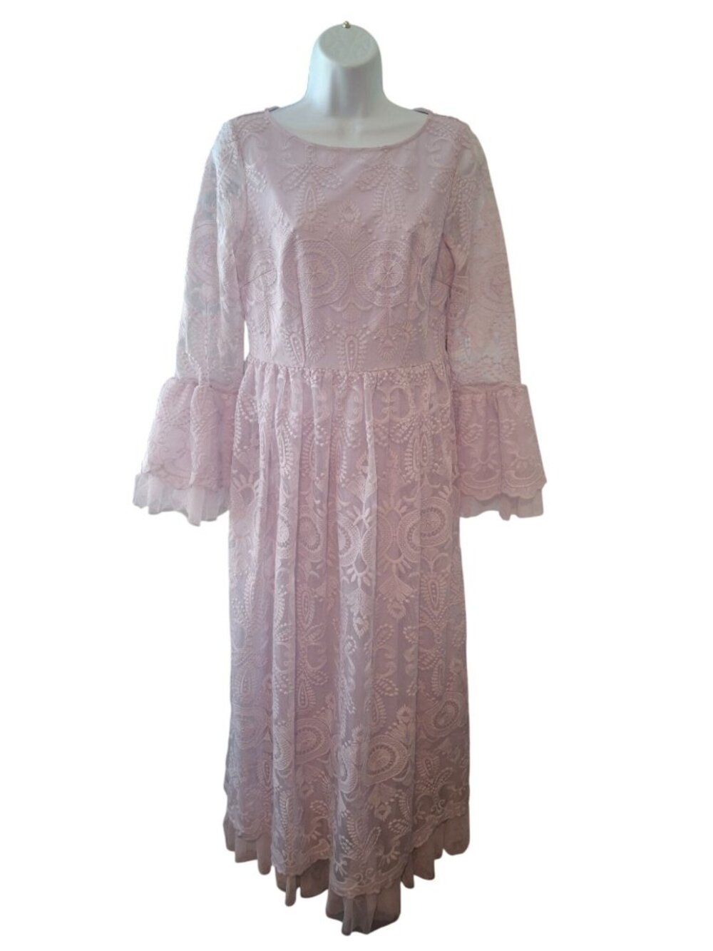 SHEIN Lavender Lace Maxi Dress S Embroidered Bell Sleeve Boho Romantic Formal